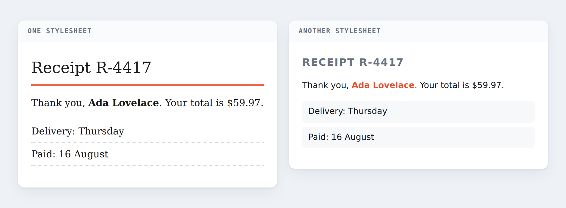 The same document under two different stylesheets