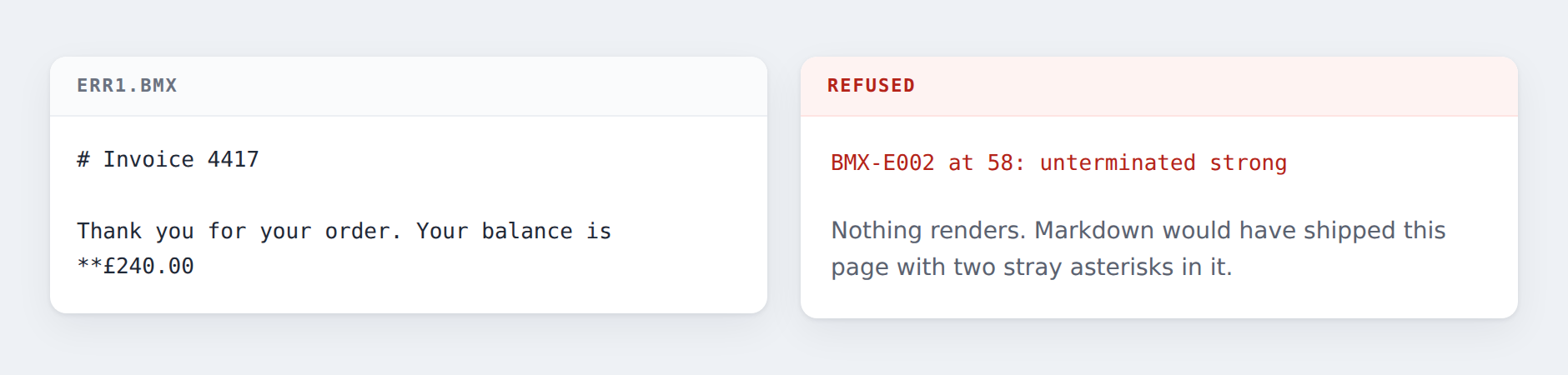A truncated document, and BMX refusing to render it