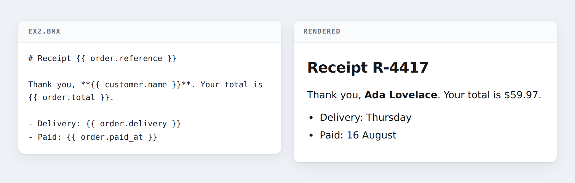 A receipt document with slots, and the rendered page